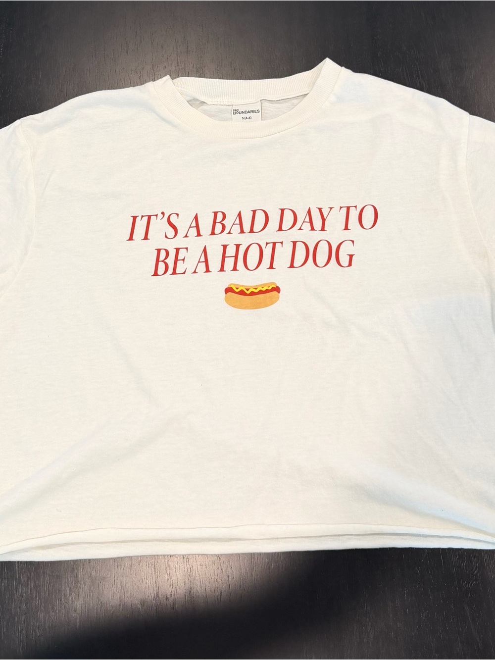 No Boundaries White Tee with Red Slogan and Yellow Hot Dog Graphic